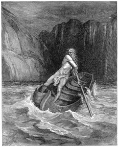 Przewoźnik Charon wiosłujący po Dantego i Wergiliusza, by przewieźć ich przez Styks, 1861 autorstwa Gustave Dore