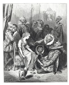„Kopciuszek i szklany pantofelek”, ilustracja z „Les Contes de Perrault”, sztychowana przez Louisa Henri Breviere (1797-1869), wyd. J.Hetzel, 1862 autorstwa Gustave Dore