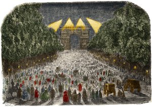 Tłum podziwiający elektryczne oświetlenie Łuku Triumfalnego i Pól Elizejskich (Pola Elizejskie) w Paryżu 26 i 27 października autorstwa Gustave Dore