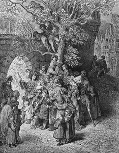 Tłum gapiów i widzów na weselu, scena z „Szronu starożytnego marynarza” S.T. Coleridge, wyd. Harper und Brothers, Nowy Jork, 1876 (drewno) autorstwa Gustave Dore