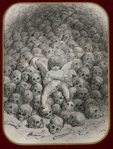 „Amorek uzbrojony w pistolet osadzony na górze czaszek” (Amorek z pistoletem na szczycie góry czaszki) Atrament i rysunek Gustave Dore (1832-1883) Zbiory prywatne autorstwa Gustave Dore