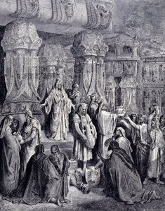 Cyrus II Wielki (580 pne - 530 pne) po przybyciu do Babilonu w 539 pne uwolnił wzięte do niewoli narody i zwrócił narodowi żydowskiemu święte naczynia, które zostały zabrane ze świątyni jerozolimskiej. Grawerowanie przez Gustave Doré. autorstwa Gustave Dore
