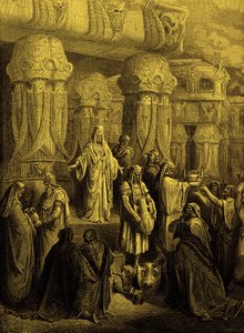 Cyrus przywraca naczynia do świątyni. - Biblia autorstwa Gustave Dore