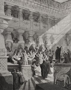 Daniel Interpreting the Writing on the Wall, Daniel 5:25-28, ilustracja z „The Holy Bible” Dore