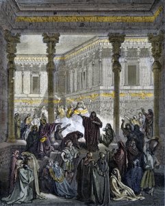 Daniel wprawiający w zakłopotanie kapłanów Baala - Daniel wprawiający w zakłopotanie kapłanów Bela - - grawerowanie w „The Bible illustree” Gustave