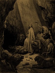 Daniel w jaskini lwów autorstwa Doré. - Biblia autorstwa Gustave Dore