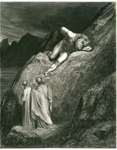 Dante i Wergiliusz spotykają Minotaura. Rycina z Piekła Dantego Alighieri (Boska komedia) ilustrowana przez Gustave