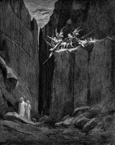 Dante chroniony przez Wergiliusza przed demonami. autorstwa Gustave Dore