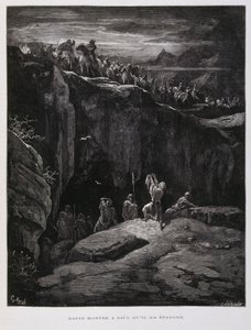 Dawid ofiarowuje swój miecz w geście lojalności wobec Saula, króla Izraela, ilustracja z Biblii Dore