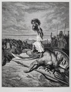 Dawid zabija Goliata, ilustracja z Biblii Dore autorstwa Gustave Dore