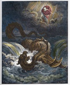 Zniszczenie Lewiatana - Zniszczenie Lewiatana, morskiego potwora Starego Testamentu - grawerowanie w „”The Bible illustree”” Gustave
