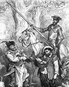 Don Kichot (Quixote lub Qijote), rzucający ręką i jeżdżący na swoim koniu Rossinant, jest gotowy na przygodę. Jego fidele squiyer, smakosz Sancho Panza (Panca), waha się przed dobrym daniem mięsnym. Fragment ryciny autorstwa Gustave