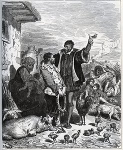 Don Kichot przekonuje swojego sąsiada Sancho Pansę, aby był jego Ecuyer - z „Don Kichota z Manchy” Miguela Cervantesa autorstwa Gustave Dore