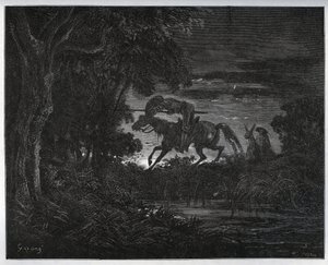 Don Kichot i Sancho Pansa na początku przygody w gęstym i nieznanym lesie – z „Don Kichota z Manchy” Miguela Cervantesa (1547-1616) (Don Kichota) – Drzeworyt wg rysunku Gustave