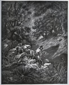Don Kichot i Sancho Pansa kontynuują swoją podróż w Sierra Morena w poszukiwaniu Deguenille-de-la-Malaise-Mine – z „Don Kichota de la Mancha” Miguela Cervantesa (1547-1616) (Don Kichot) – Drzeworyt wg rysunku Gustave Dore autorstwa Gustave Dore