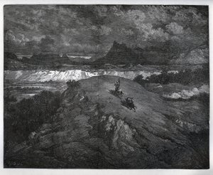 Don Kichot i Sancho Pansa kontynuujący swoje przygody w górzystym regionie Sierra Morena – z „Don Kichota z Manchy” Miguela Cervantesa (1547-1616) (Don Kichota) – Drzeworyt wg rysunku Gustave