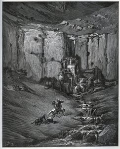 Don Kichot i Sancho Pansa odkrywają, co spowodowało ich niepokój, wodospad i młyn faulon – z „Don Kichota z Manchy” Miguela Cervantesa (1547-1616) (Don Kichota) – Drzeworyt według rysunku Gustave