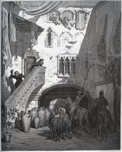 Don Kichota i Sancho Pansę, zaproszonych przez Don Diego de Mirandę w domu, witają żona i syn dżentelmena – z „Don Kichota z Manchy” Miguela Cervantesa (1547-1616) (Don Kichota) – Drzeworyt wg rysunku Gustawa Dore autorstwa Gustave Dore