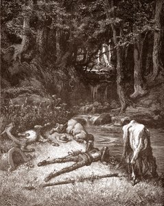 Don Kichot i Sancho Pansa odświeżają je nad strumykiem Rycina Gustave Dore (1832-1883) dla „L