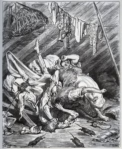 Don Kichot i muł walczący o Maritornesa, gospodynię, którą Don Kichot zabiera za swoją Dulcyneuszkę – z „Don Kichota z Manchy” Miguela Cervantesa (1547-1616) (Don Kichota) – Drzeworyt wg rysunku Gustave