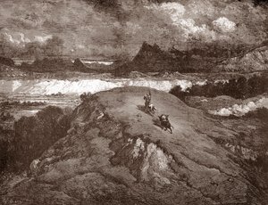 Don Kichot i Sancho Pansa zbliżają się do sierra morena Rycina Gustave Dore (1832-1883) dla „L