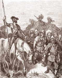 Don Kichot i Sancho Pansa przesłuchują przestępców prowadzonych na galery Rycina Gustave Dore (1832-1883) dla „L