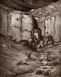 Don Kichot i Sancho Pansa widzą wodospad i hałaśliwe rudery (Don Kichot i Sancho Pansa widzą wodospad i hałaśliwe rudery) Rycina Gustave Dore (1832-1883) dla „The Ingenieux Hidalgo Don Quixote de la Mancha (Quixotte - Quijote)” autorstwa Miguel de Cerva autorstwa Gustave Dore