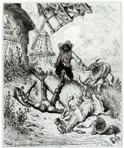 Don Kichot i wiatraki, z „Don Kichota z Manchy” Miguela Cervantesa (1547-1616) rytego przez Heliodore Josepha Pisana (1822-90) autorstwa Gustave Dore