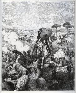 Don Kichot atakuje stado owiec, wierząc, że ma do czynienia z armią Alibanfarona z Taprobany – z „Don Kichota z Manchy” Miguela Cervantesa (1547-1616) (Don Kichota) – Drzeworyt wg rysunku Gustave