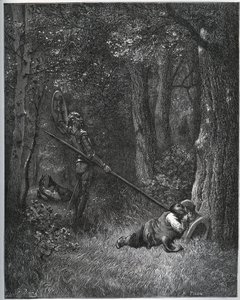 Don Kichot przebudzający Sancho Pansę - z „Don Kichota z Manchy” Miguela Cervantesa autorstwa Gustave Dore