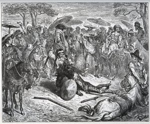 Don Kichot pobity w środku grupy kupców – Wytwórca mułów zasmakował w grze – z „Don Kichota z Manchy” Miguela Cervantesa autorstwa Gustave Dore