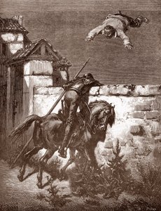 Don Kichotowi nie udaje się powstrzymać wyrzutni Sancho Panca, którzy każą mu podskakiwać na kocu (napomnienia Don Kichota nie wpływają na rzucających) Rycina Gustave
