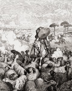 Don Kichot walczący ze stadem owiec, z Die Gartenlaube, wyd. 1905 autorstwa Gustave Dore
