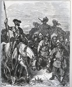 Don Kichot pyta siły o powody ich przekonań - z „Don Kichota z Manchy” Miguela Cervantesa (1547-1616) (Don Kichota) - Drzeworyt wg rysunku Gustave