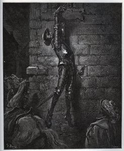 Don Kichot uwięziony przez córkę karczmarza i Maritornesa, pozostaje zawieszony w oknie. - z „Don Kichota z Manchy” Miguela Cervantesa (1547-1616) (Don Kichota) - Drzeworyt wg rysunku Gustave