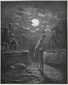 Don Kichot czuwa nad jego ramionami - z „Don Kichota z Manchy” Miguela Cervantesa autorstwa Gustave Dore