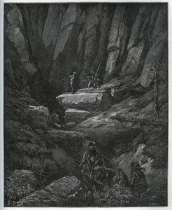 Dorothee i fryzjer przychodzą po Don Kichota, a następnie w pokucie - z „Don Kichota z Manchy” Miguela Cervantesa (1547-1616) (Don Kichota) - Drzeworyt według rysunku Gustave