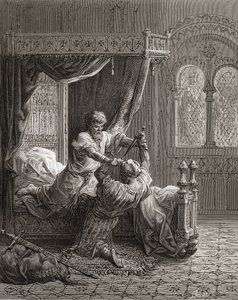 Edward I (1239-1307) z Anglii zabija swojego niedoszłego zabójcę w czerwcu 1272, ilustracja z „Bibliotheque des Croisades” J-F. Michaud, 1877 r. autorstwa Gustave Dore