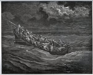 Ucieczka z Zoraide z jeńcem w łodzi pełnej ucieczek z Algieru do Hiszpanii – z „Don Kichota z Manchy” Miguela Cervantesa (1547-1616) (Don Kichota) – Drzeworyt wg rysunku Gustave