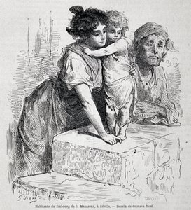 Rodzina faubourga Macareny w Sewilli - dess. Gustave Doré, w „”Le Tour du monde””, 2. tydzień 1865. autorstwa Gustave Dore