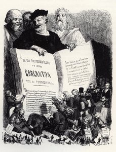 Frontispice wydania 1854 - W towarzystwie pisarzy starożytnych i współczesnych Rabelais prezentuje swoją drugą powieść - ilustracja z "Gargantua i Pantagruel", autorstwa Francois Rabelais - rycina Gustave Dore (1832-1883) autorstwa Gustave Dore