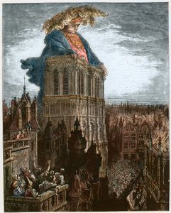 Gargantua na wieżach Notre-Dame w Paryżu - Gargantua na wieżach kościoła Notre-Dame w Paryżu - ilustracja z "Gargantua i Pantagruel", autorstwa Francois Rabelais - rycina Gustave Dore (1832-1883) autorstwa Gustave Dore