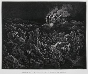 Gedeon atakuje Midianitów w nocy, ilustracja z Biblii Dore