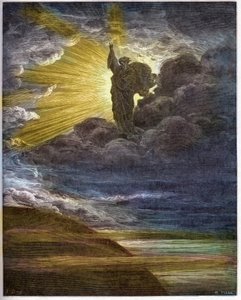 Bóg tworzący światło - Stworzenie światła - Stary Testament (Księga Rodzaju) - Stworzenie światła - grawerowanie w „The Bible illustree” Gustave