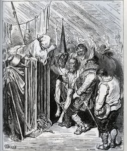 Jak pozbyć się Don Kichota. Ludzie z hotelowego sklepu postanowili go zamknąć, wmawiając mu nowe zaklęcie i nowy rycerski test - z „Don Kichota z Manchy” Miguela Cervantesa (1547-1616) (Don Kichota) - Drzeworyt po rysunku autorstwa Gustave Dore