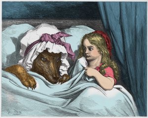 Ilustracja do bajki Charlesa Perraulta (1628-1703) "Czerwony Kapturek". Rycina autorstwa Gustave