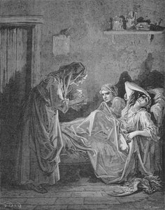 Ilustracja do „Starej kobiety i dwóch służących” z „Bajek” Jeana de La Fontaine
