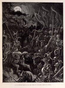 Ilustracja przedstawiająca rycerzy podczas bitwy w księżycowy wieczór. autorstwa Gustave Dore