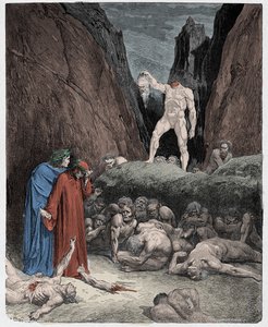 Inferno, Canto 28 : Odcięta głowa Bertrana de Born przemawia do Dantego, ilustracja z "Boskiej komedii" Dantego Alighieri autorstwa Gustave Dore