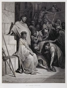 Obelgi pod adresem Chrystusa podczas procesu, ilustracja z Biblii Dore
